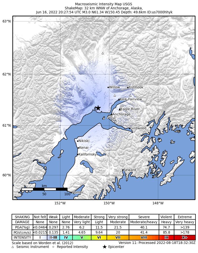 USGS ShakeMap: estimated shaking intensity around the epicenter