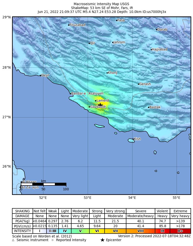 USGS ShakeMap intensity contours for the M5.4 earthquake near 53 km SE of Mohr, Iran