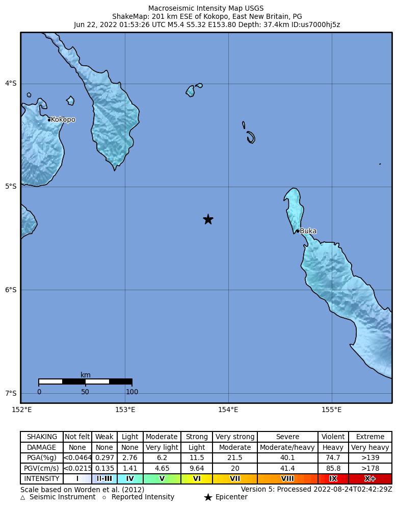 USGS ShakeMap intensity contours for the M5.4 earthquake near 201 km ESE of Kokopo, Papua New Guinea