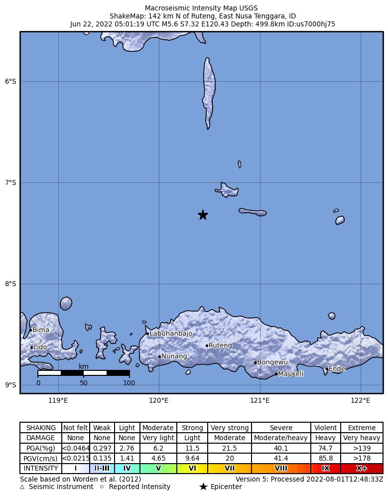 USGS ShakeMap intensity contours for the M5.6 earthquake near 142 km N of Ruteng, Indonesia