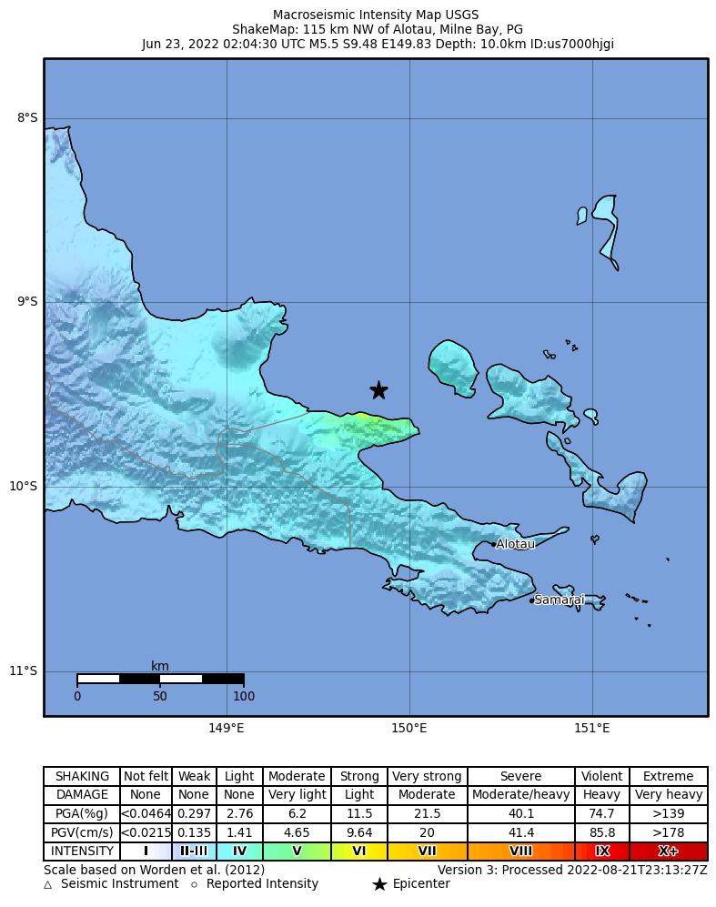 USGS ShakeMap intensity contours for the M5.5 earthquake near 115 km NW of Alotau, Papua New Guinea