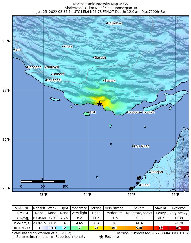 USGS ShakeMap intensity contours for the M5.6 earthquake near 31 km NE of K?sh, Iran