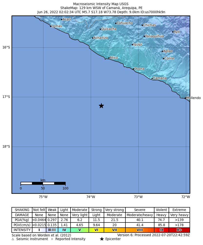 USGS ShakeMap intensity contours for the M5.7 earthquake near 108 km S of Atico, Peru