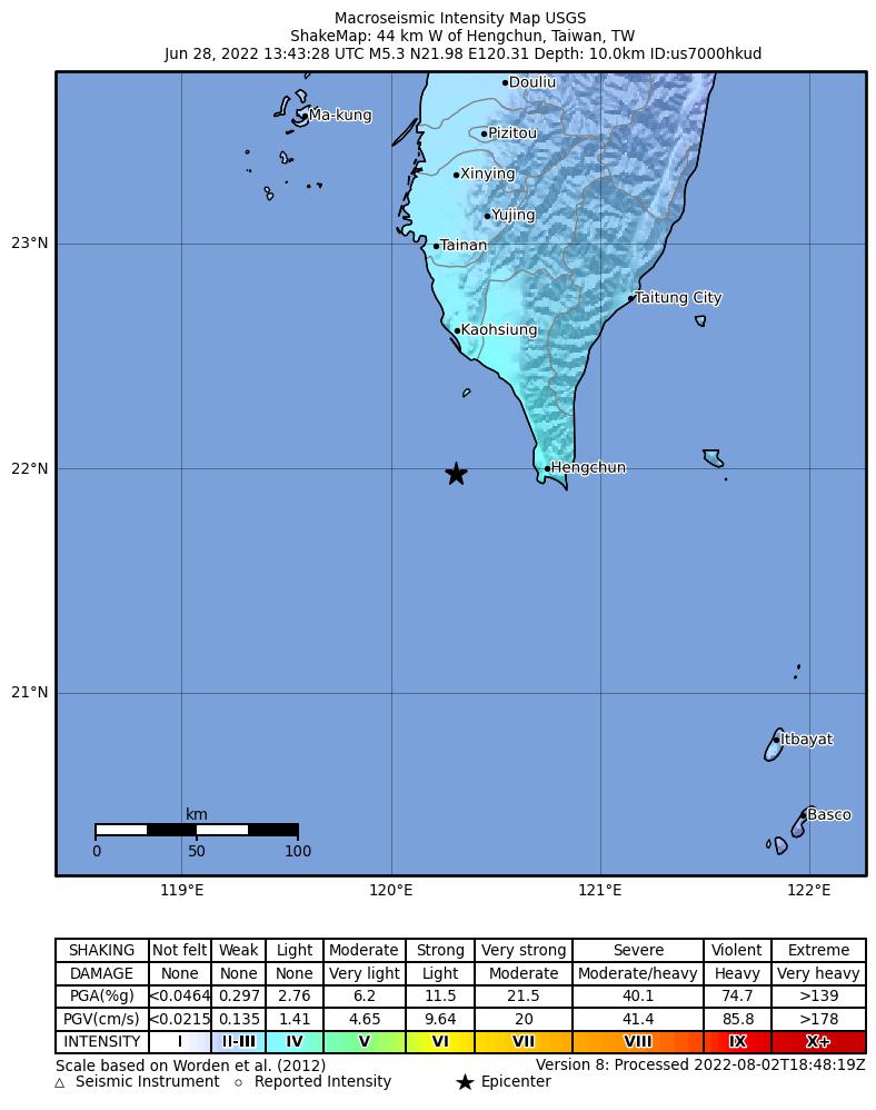 USGS ShakeMap intensity contours for the M5.3 earthquake near 44 km W of Hengchun, Taiwan