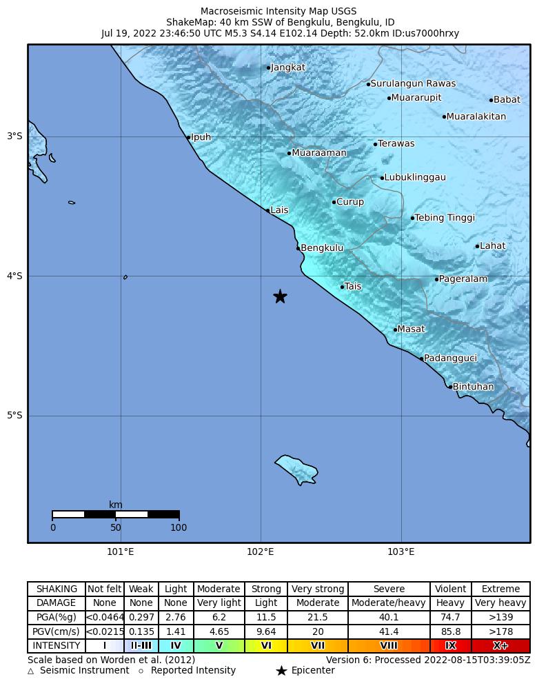 USGS ShakeMap intensity contours for the M5.3 earthquake near southern Sumatra, Indonesia