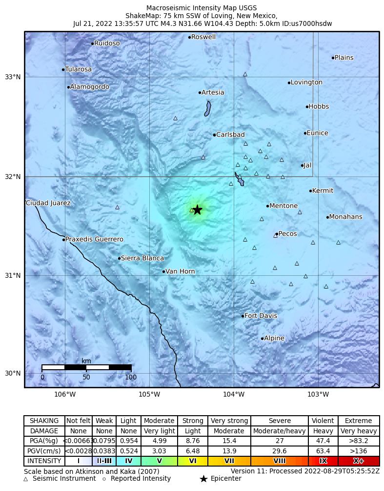 USGS ShakeMap intensity contours for the M4.9 earthquake near 55 km S of Whites City, New Mexico