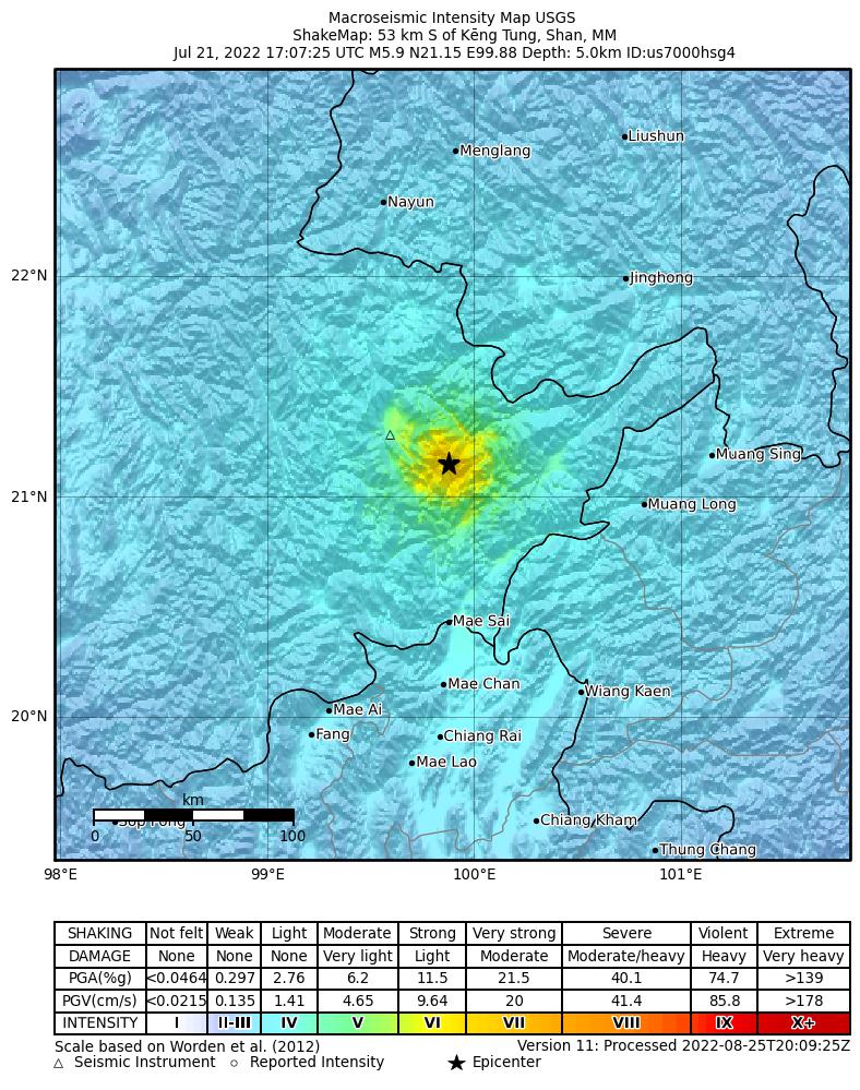 USGS ShakeMap intensity contours for the M5.9 earthquake near 53 km S of K?ng Tung, Myanmar