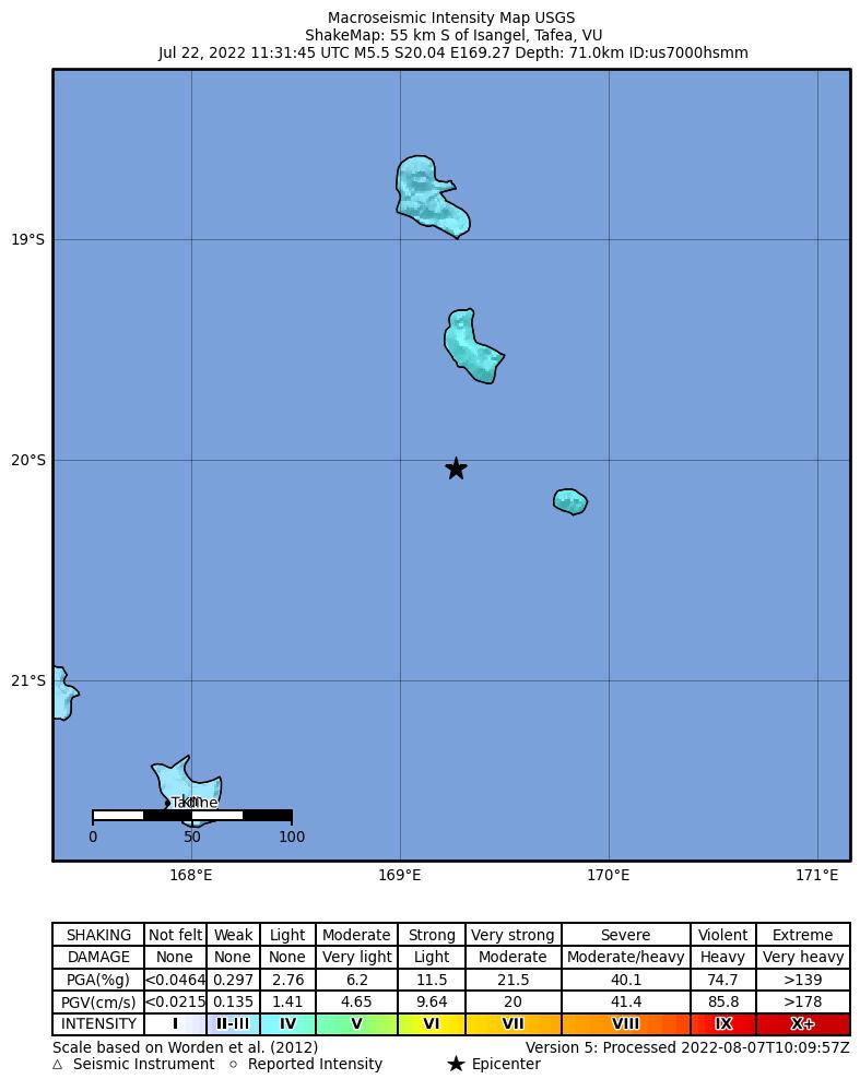 USGS ShakeMap intensity contours for the M5.5 earthquake near 55 km S of Isangel, Vanuatu