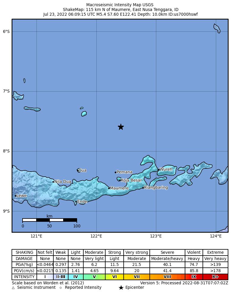 USGS ShakeMap intensity contours for the M5.4 earthquake near 115 km N of Maumere, Indonesia