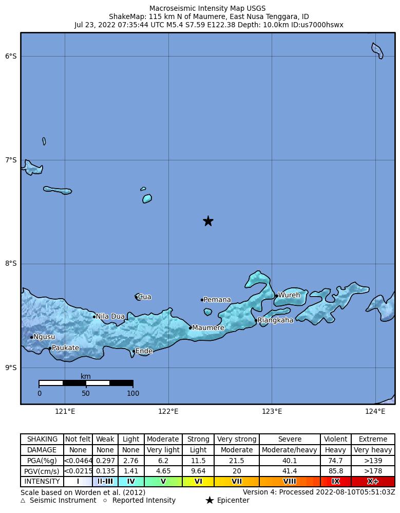 USGS ShakeMap intensity contours for the M5.4 earthquake near 115 km N of Maumere, Indonesia
