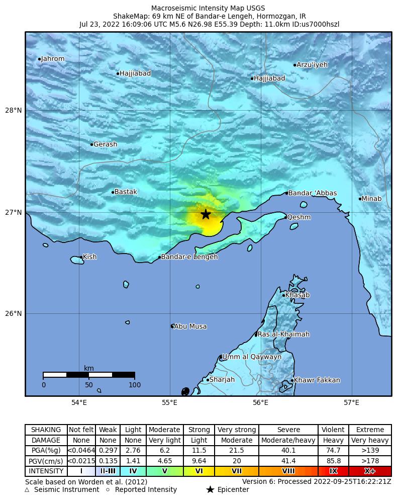 USGS ShakeMap intensity contours for the M5.6 earthquake near 69 km NE of Bandar-e Lengeh, Iran
