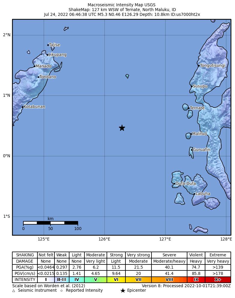 USGS ShakeMap intensity contours for the M5.3 earthquake near 127 km WSW of Ternate, Indonesia