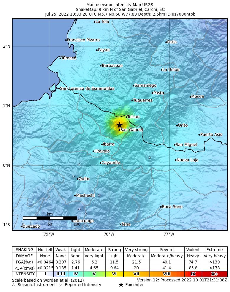 USGS ShakeMap intensity contours for the M5.7 earthquake near 9 km N of San Gabriel, Ecuador