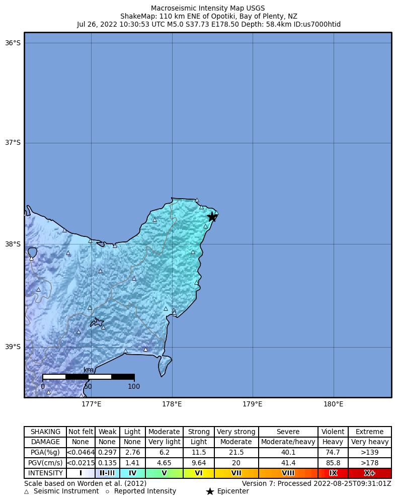 USGS ShakeMap intensity contours for the M5.0 earthquake near 110 km ENE of Opotiki, New Zealand