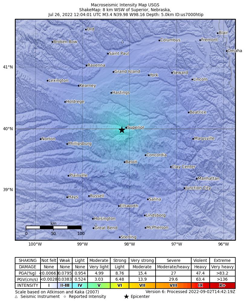 USGS ShakeMap: estimated shaking intensity around the epicenter