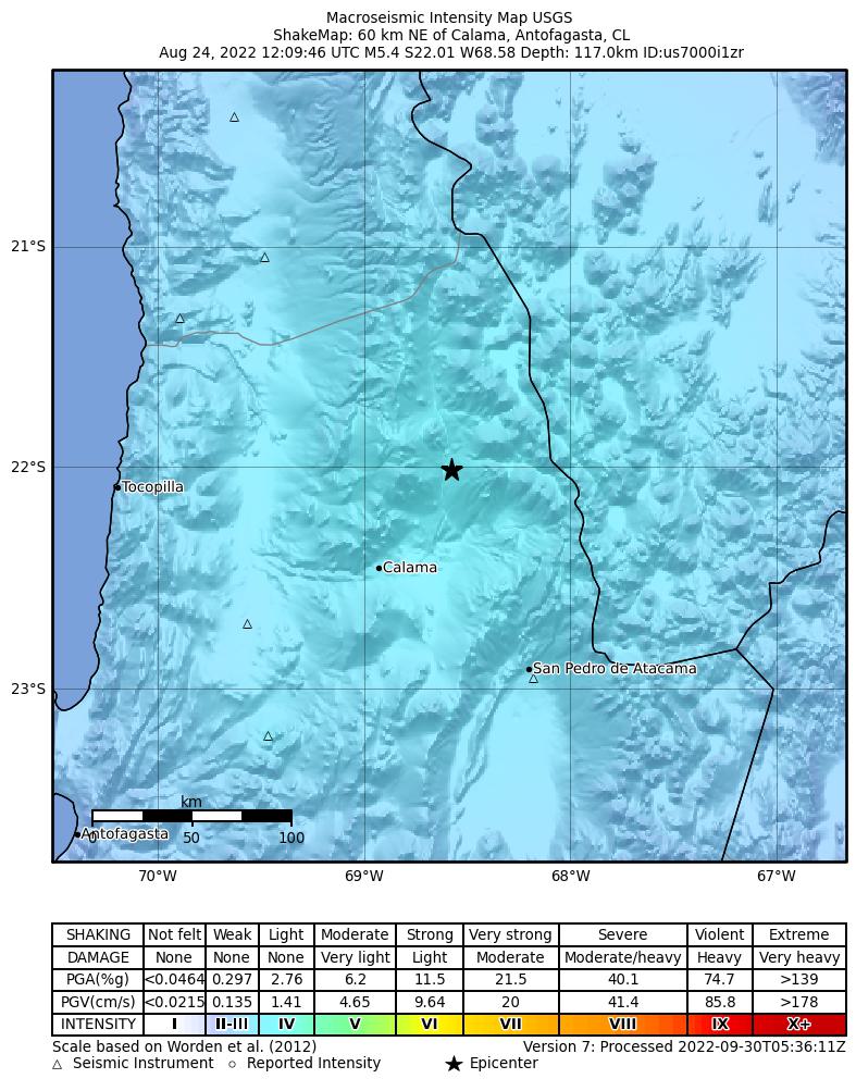 USGS ShakeMap intensity contours for the M5.4 earthquake near 60 km NE of Calama, Chile