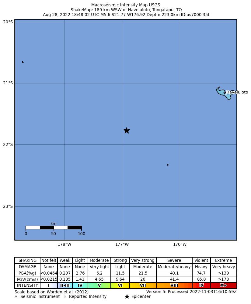 USGS ShakeMap intensity contours for the M5.6 earthquake near Fiji region