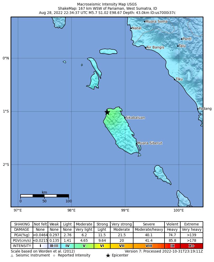 USGS ShakeMap intensity contours for the M5.7 earthquake near Kepulauan Mentawai region, Indonesia