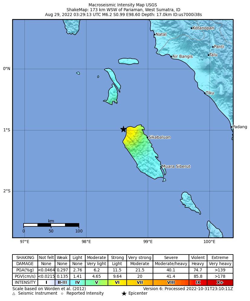 USGS ShakeMap intensity contours for the M6.2 earthquake near 173 km WSW of Pariaman, Indonesia