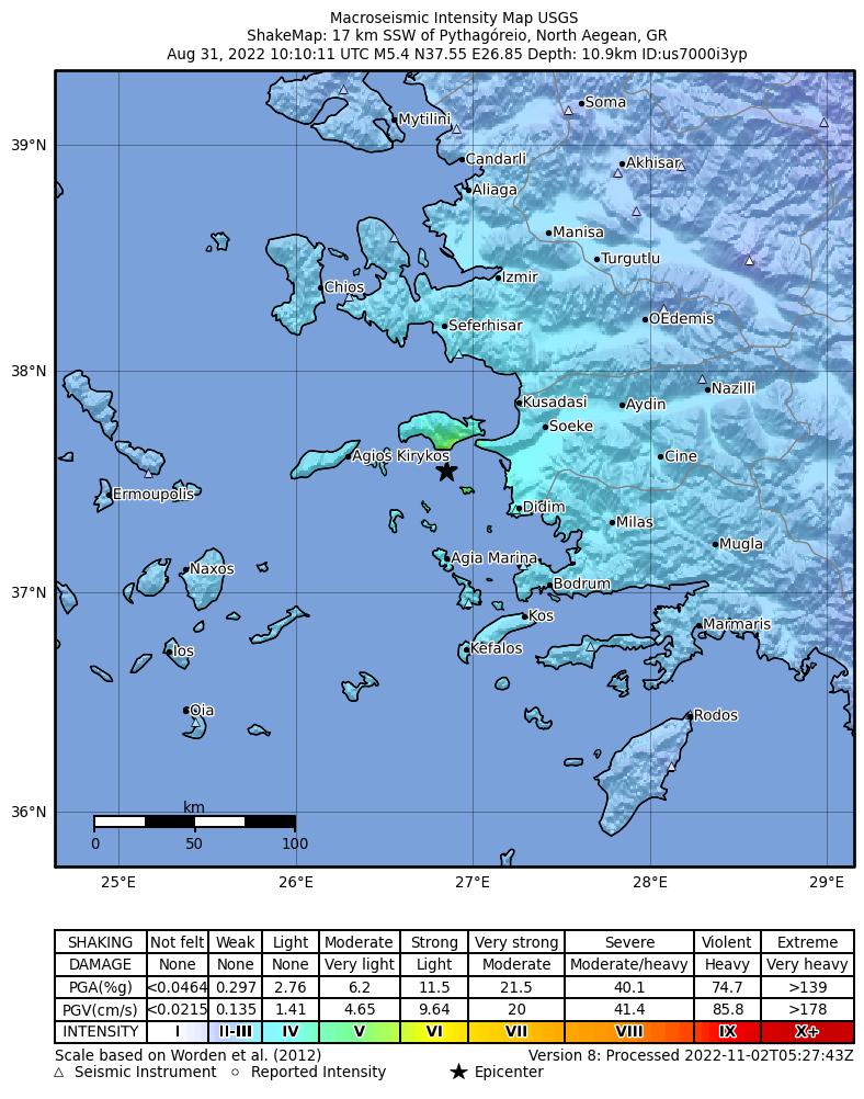 USGS ShakeMap intensity contours for the M5.4 earthquake near 14 km NW of Megálo Chorió, Greece