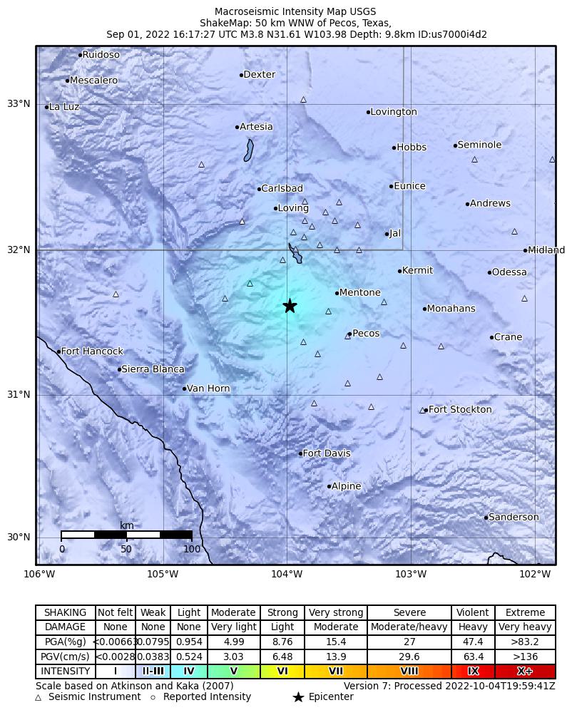 USGS ShakeMap: estimated shaking intensity around the epicenter