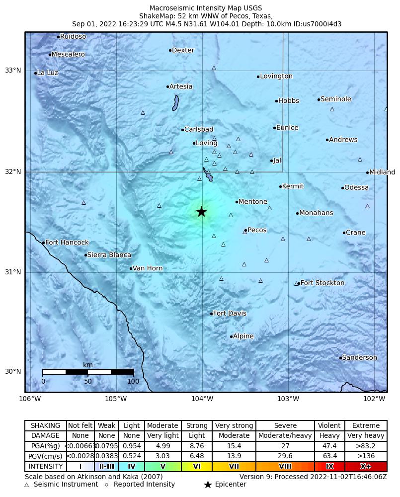 USGS ShakeMap: estimated shaking intensity around the epicenter