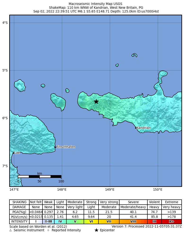 USGS ShakeMap intensity contours for the M6.1 earthquake near 110 km WNW of Kandrian, Papua New Guinea