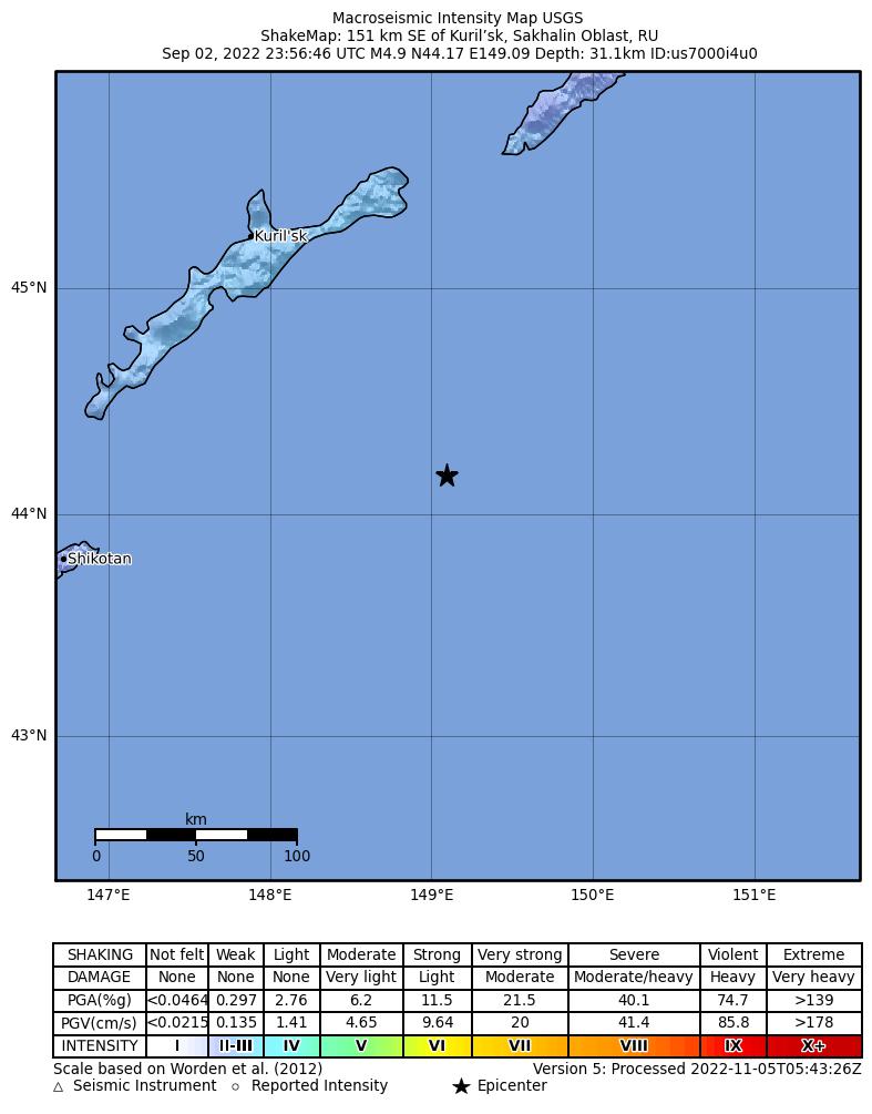 USGS ShakeMap intensity contours for the M4.9 earthquake near 151 km SE of Kuril’sk, Russia