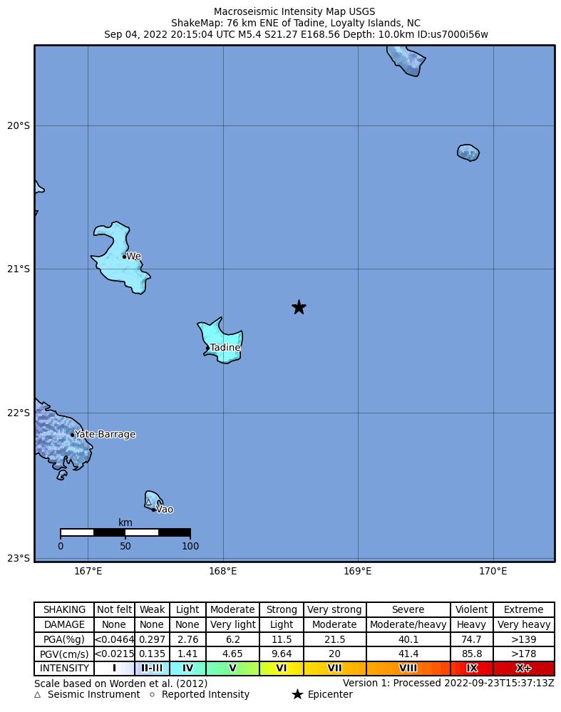 USGS ShakeMap intensity contours for the M5.4 earthquake near 76 km ENE of Tadine, New Caledonia