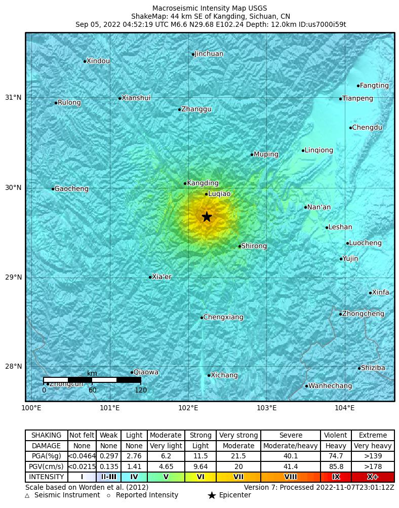 USGS ShakeMap intensity contours for the M6.6 earthquake near 44 km SE of Kangding, China