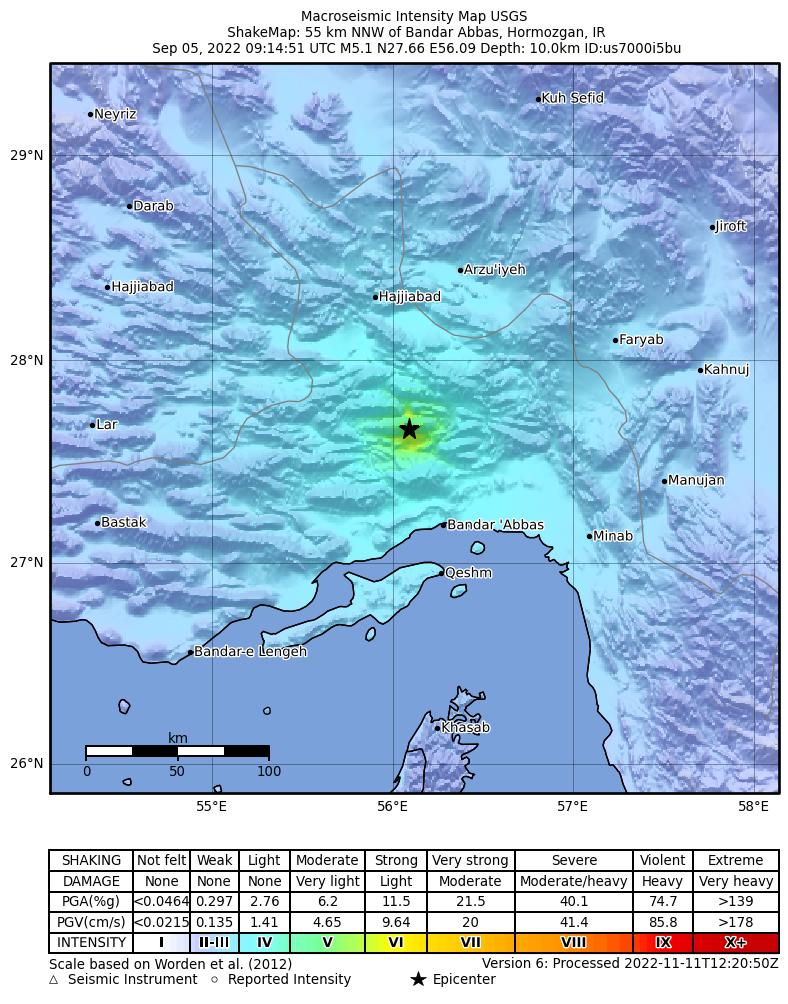 USGS ShakeMap intensity contours for the M5.1 earthquake near 55 km NNW of Bandar Abbas, Iran
