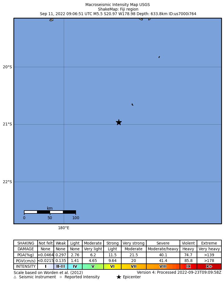 USGS ShakeMap intensity contours for the M5.5 earthquake near Fiji region