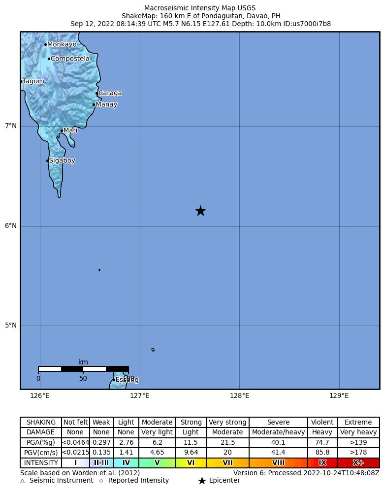 USGS ShakeMap intensity contours for the M5.7 earthquake near 160 km E of Pondaguitan, Philippines