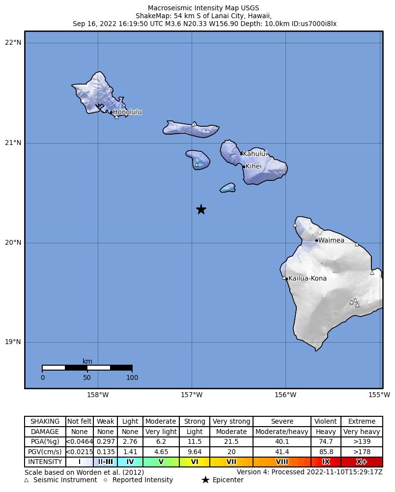 USGS ShakeMap intensity contours for the M3.8 earthquake near 46 km S of Lanai City, Hawaii