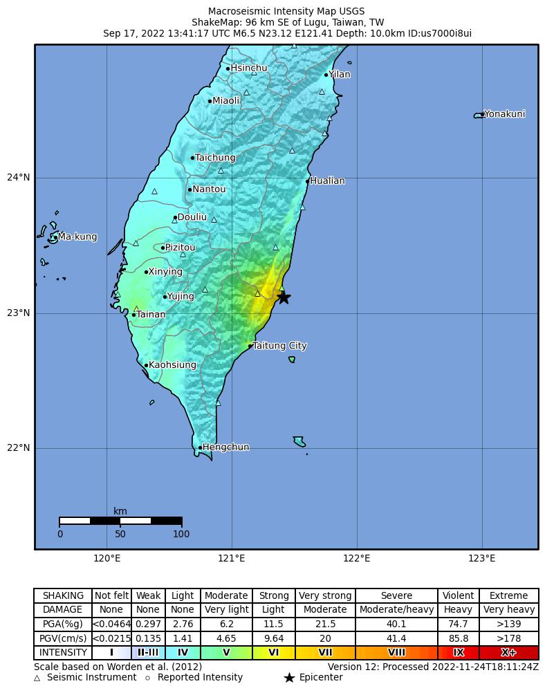 USGS ShakeMap intensity contours for the M6.5 earthquake near 96 km SE of Lugu, Taiwan