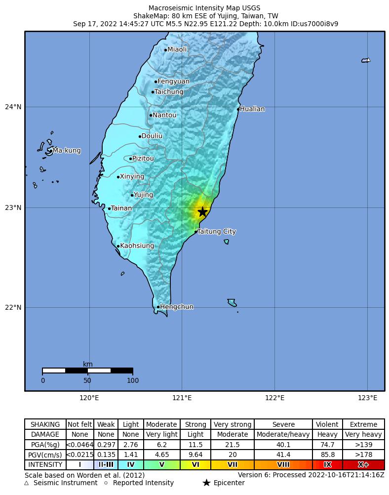 USGS ShakeMap intensity contours for the M5.5 earthquake near Taiwan region