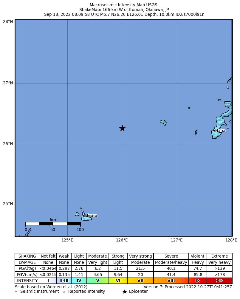 USGS ShakeMap intensity contours for the M5.7 earthquake near 166 km W of Itoman, Japan