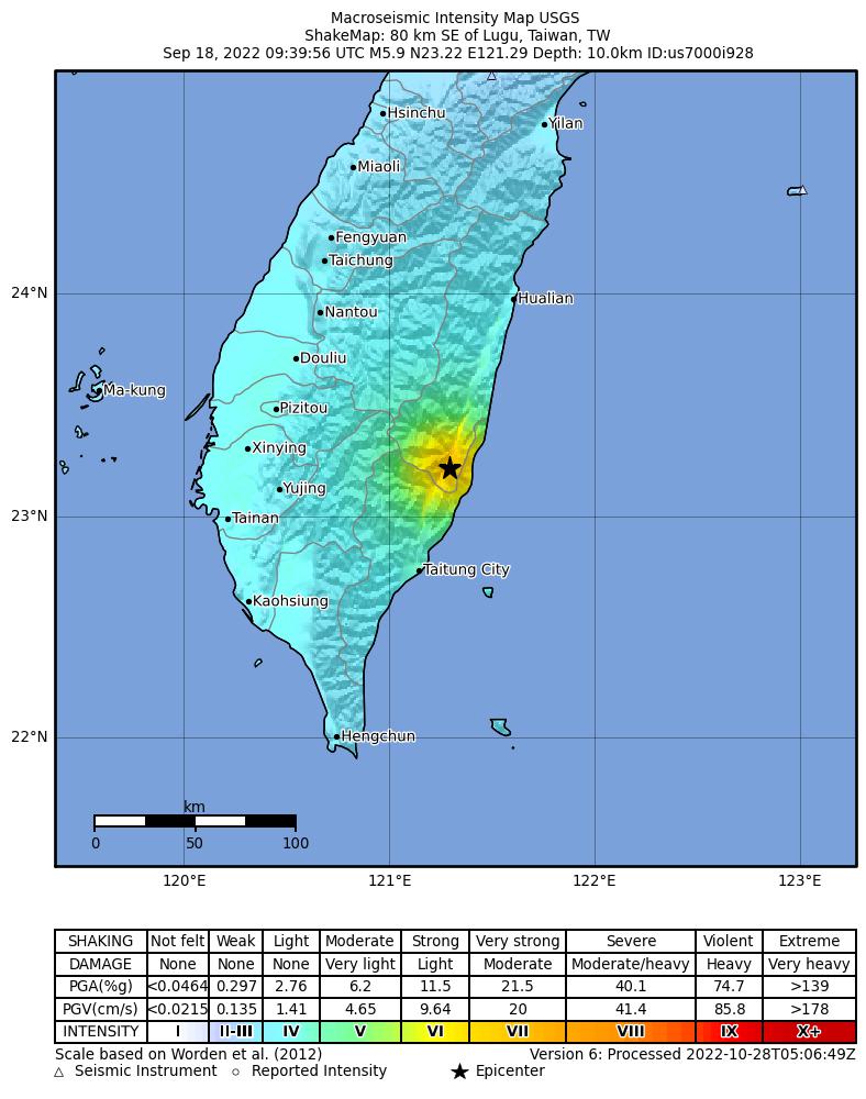 USGS ShakeMap intensity contours for the M5.9 earthquake near 80 km SE of Lugu, Taiwan