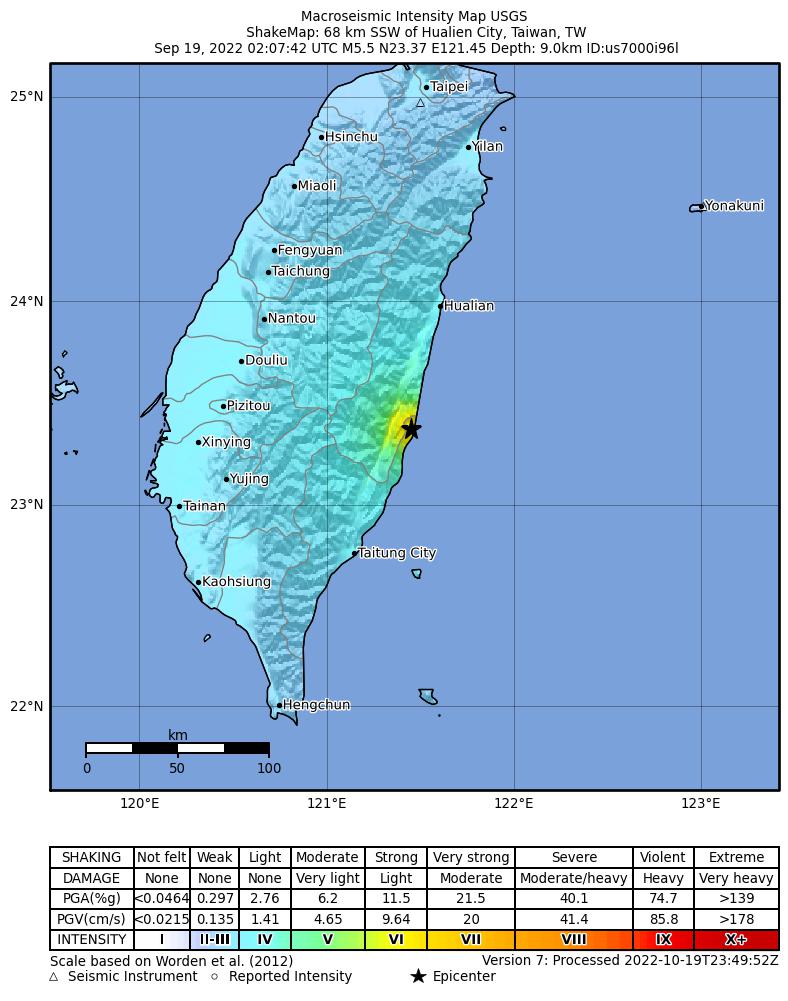 USGS ShakeMap intensity contours for the M5.5 earthquake near 68 km SSW of Hualien City, Taiwan