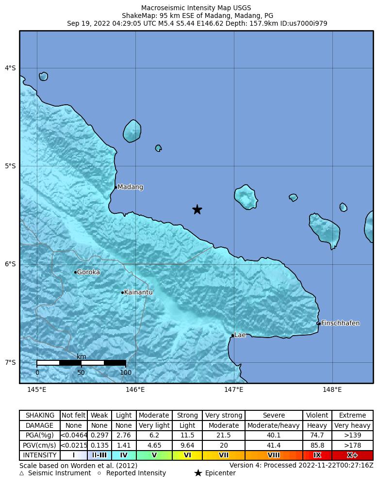 USGS ShakeMap intensity contours for the M5.4 earthquake near 95 km ESE of Madang, Papua New Guinea