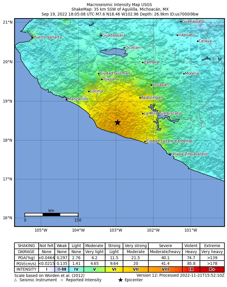 USGS ShakeMap intensity contours for the M7.6 earthquake near 35 km SSW of Aguililla, Mexico