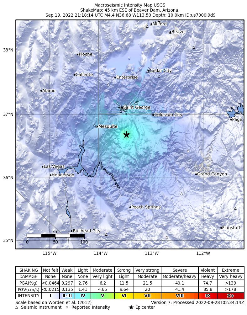 USGS ShakeMap intensity contours for the M4.4 earthquake near 45 km ESE of Littlefield, Arizona