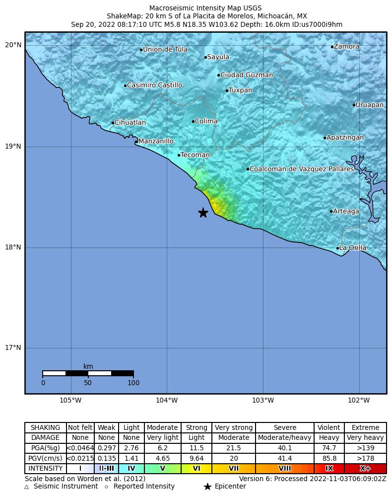 USGS ShakeMap intensity contours for the M5.8 earthquake near 20 km S of La Placita de Morelos, Mexico