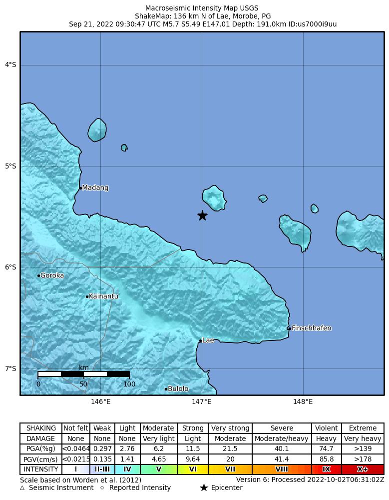 USGS ShakeMap intensity contours for the M5.7 earthquake near 136 km N of Lae, Papua New Guinea