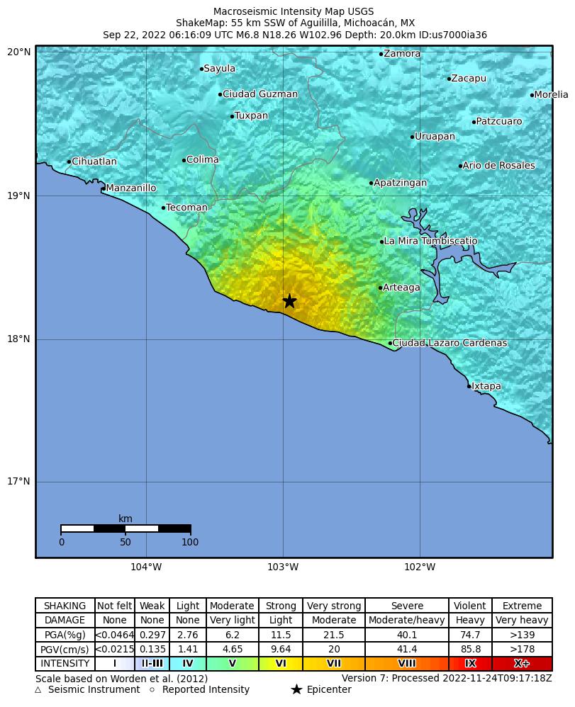 USGS ShakeMap intensity contours for the M6.8 earthquake near 55 km SSW of Aguililla, Mexico