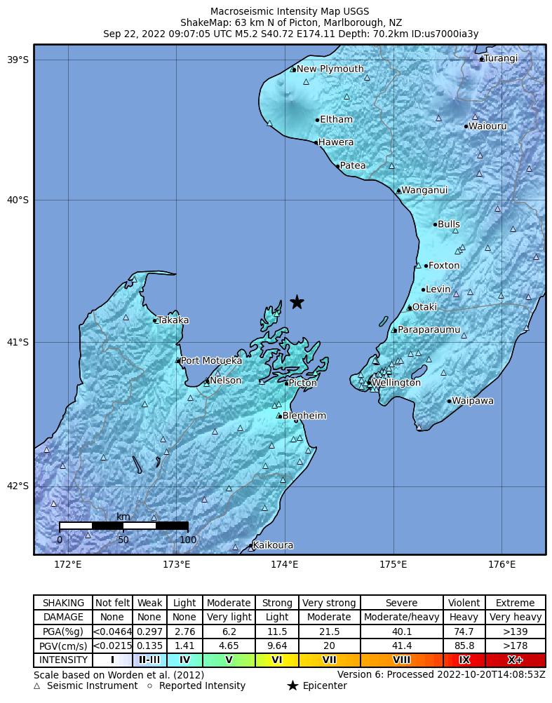 USGS ShakeMap intensity contours for the M5.2 earthquake near 63 km N of Picton, New Zealand