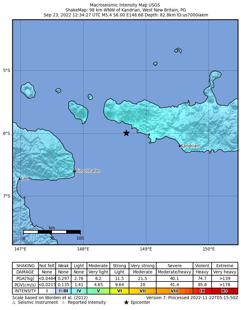 USGS ShakeMap intensity contours for the M5.4 earthquake near 98 km WNW of Kandrian, Papua New Guinea