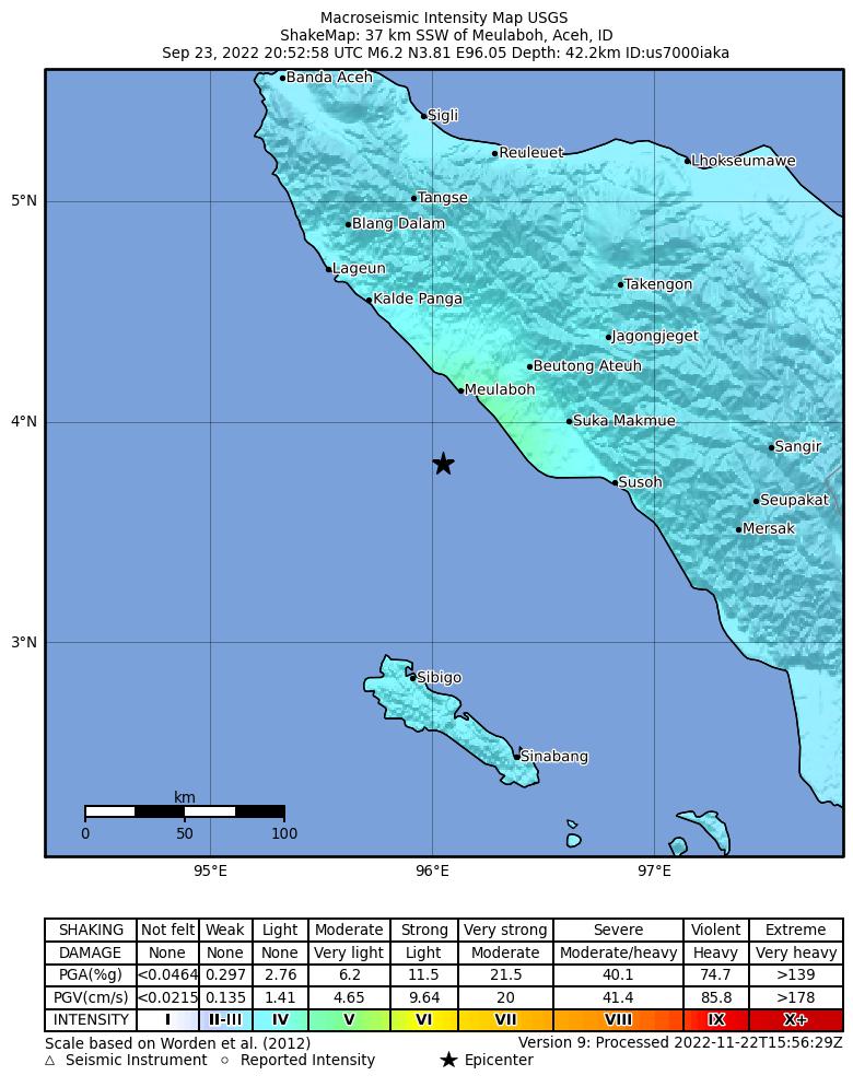 USGS ShakeMap intensity contours for the M6.2 earthquake near 37 km SSW of Meulaboh, Indonesia
