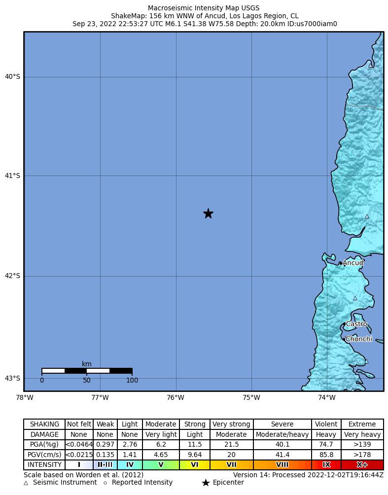 USGS ShakeMap intensity contours for the M6.1 earthquake near 156 km WNW of Ancud, Chile