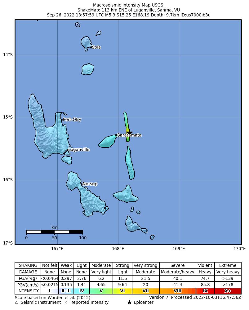 USGS ShakeMap intensity contours for the M5.3 earthquake near 113 km ENE of Luganville, Vanuatu